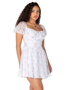 Bridgerton Celebrity Pink Whistledown Bohemian Puff Sleeve Mini Dress SZ L NWOT